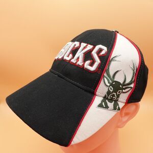 Milwaukee Bucks Hat Cap Strap Back Black White Red NBA Basketball Mens Deer Logo